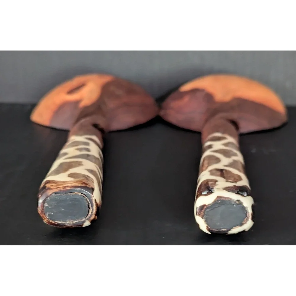 Hand-Carved African Olive Wood Salad Serving Set Giraffe Print Handles